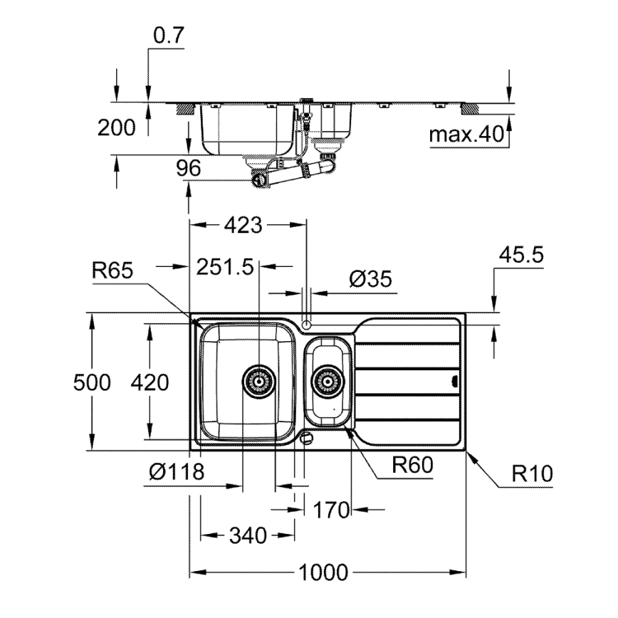 GROHE 31572SD1 - Cuba K500 1000 × 500 mm em aço inoxidável
