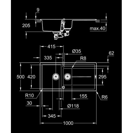 GROHE 31642AP0 - Cuba de compósito K400 1000 × 500 mm preta