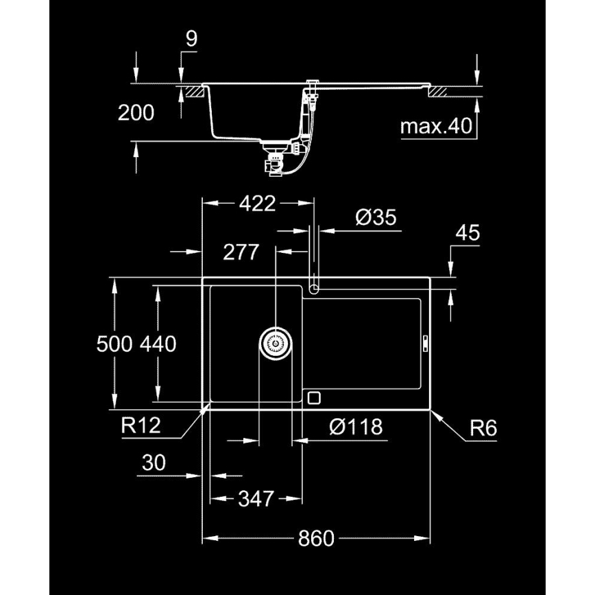 GROHE 31644AP0 - Cuba de compósito K500, 860 × 500 mm, preta