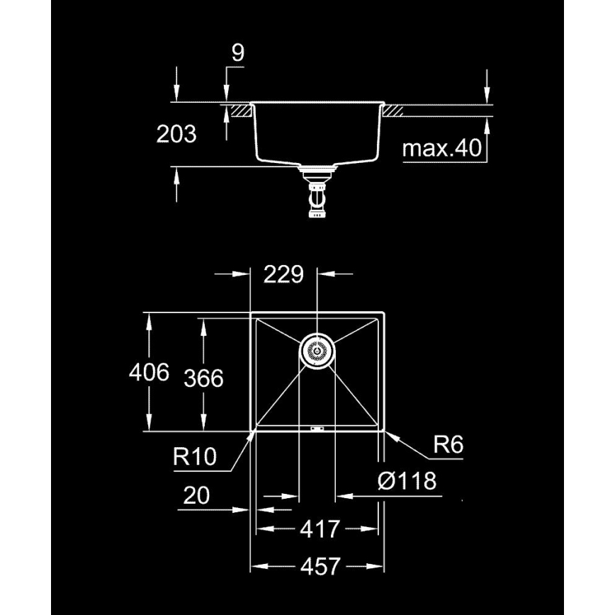 GROHE 31653AP0 - Cuba K700U 457 × 406 mm, pedra/preta