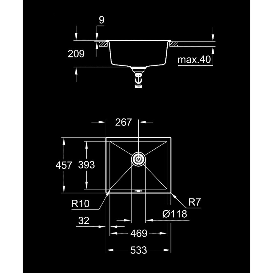 GROHE 31654AP0 - Cuba de cozinha K700U 533 × 457 mm granito preto/preto