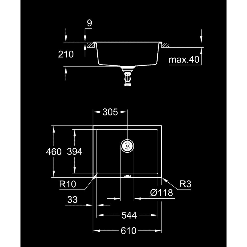 GROHE 31655AP0 - Cuba K700U 610 × 460 mm pedra preta/preta