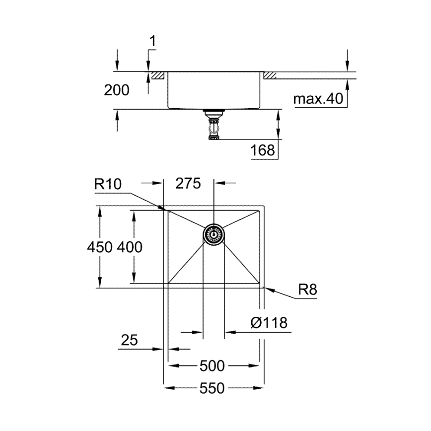 GROHE 31726SD0 - Cuba de cozinha K700 550 × 450 mm em aço inoxidável