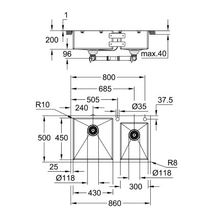 GROHE 31855SD0 - Cuba de cozinha K700 860 × 500 mm em aço inoxidável