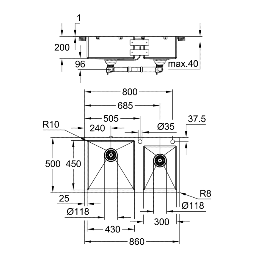 GROHE 31855SD0 - Cuba de cozinha K700 860 × 500 mm em aço inoxidável