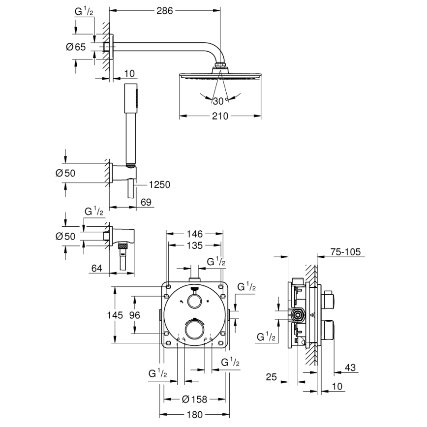 GROHE 34732000 - Conjunto de duche GROHTHERM RAINSHOWER COSMOPOLITAN 210 286 mm cromado