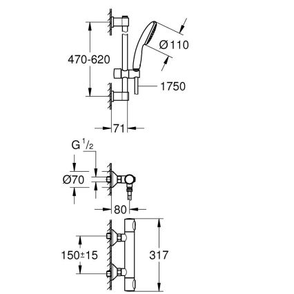 GROHE 34800001 - Conjunto de duche com misturador termostático PRECISION FLOW 600 mm cromado brilhante