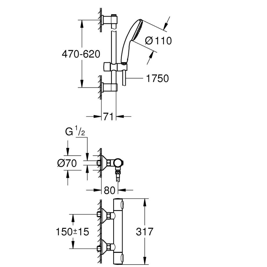 GROHE 34800001 - Conjunto de duche com misturador termostático PRECISION FLOW 600 mm cromado brilhante