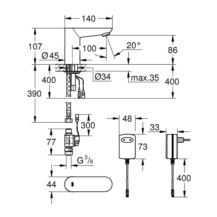 GROHE 36269000 - Misturador electrónico para lavatório EUROECO COSMOPOLITAN E 107 mm cromado