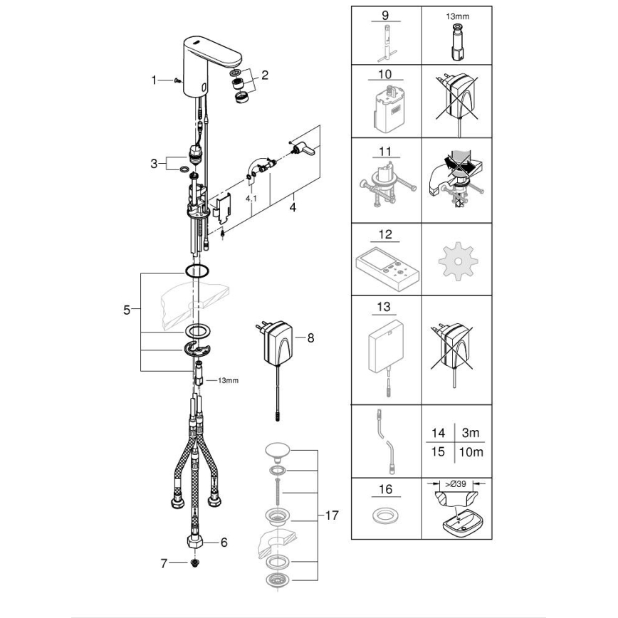 GROHE 36324001 - Torneira eletrónica com sensor infravermelho para lavatório EUROSMART COSMOPOLITAN E, cromada