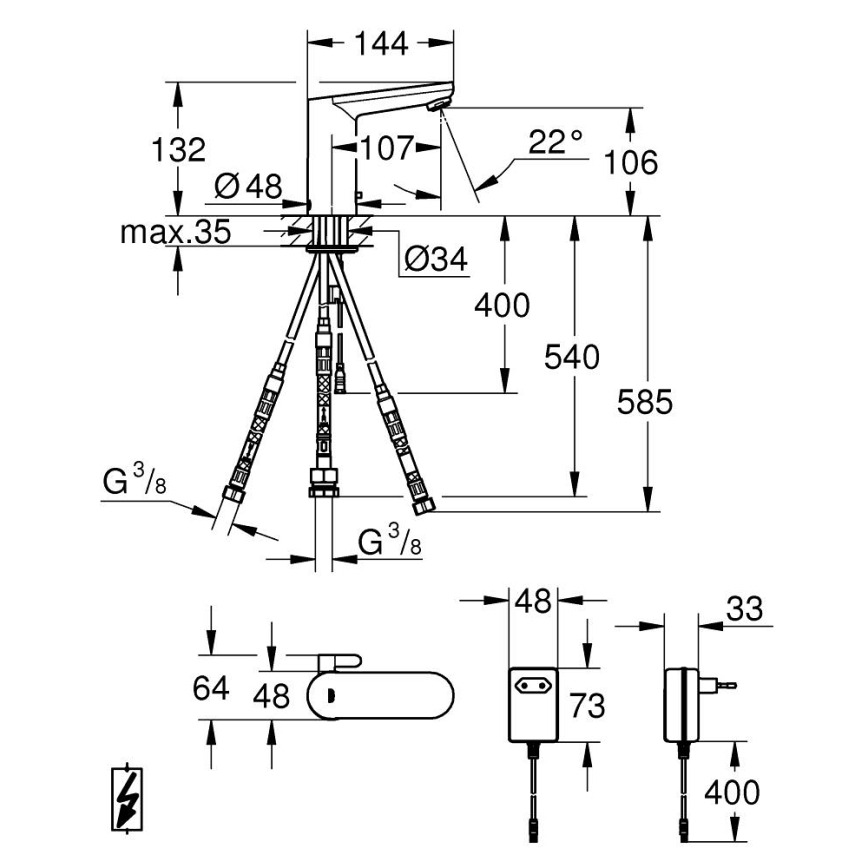 GROHE 36324001 - Torneira eletrónica com sensor infravermelho para lavatório EUROSMART COSMOPOLITAN E, cromada