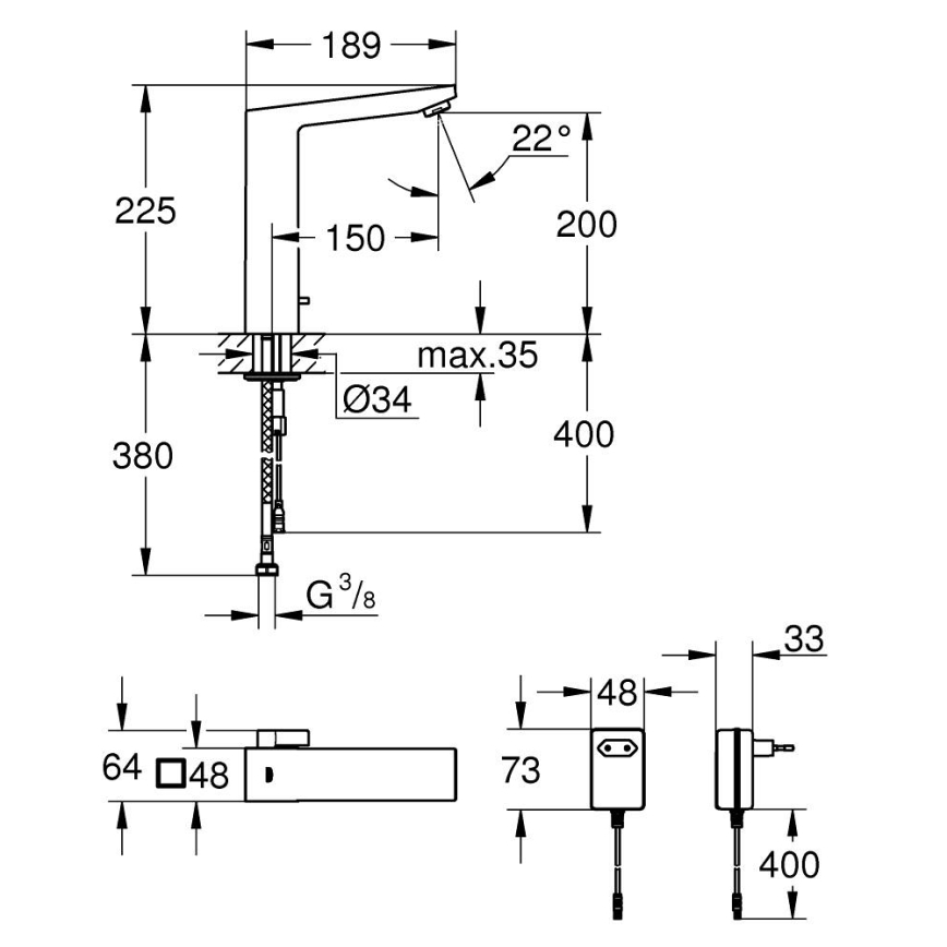 GROHE 36440000 - Torneira eletrónica para lavatório com sensor infravermelho EUROCUBE E DN 15 cromado