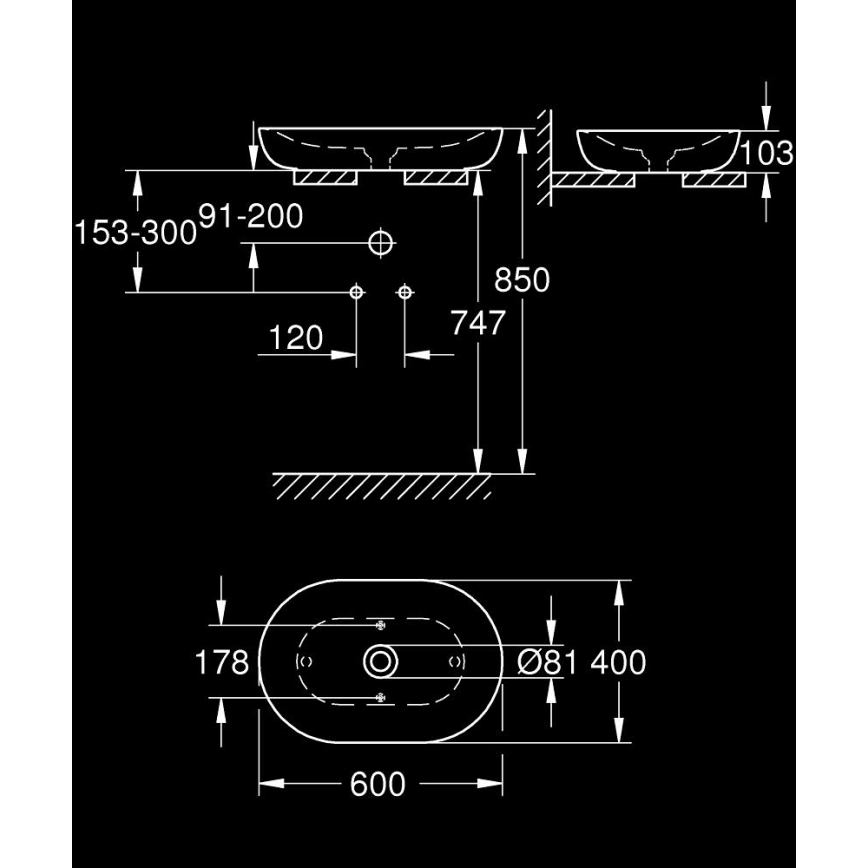 GROHE 3960800H - Lavabo sobre bancada ESSENCE 600 × 400 mm cerâmica/branco