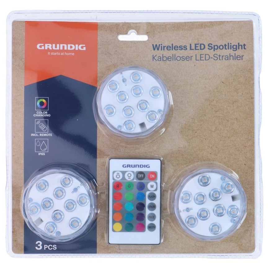 Grundig - Conjunto de 3 luminárias LED RGBW dimerizáveis LED/3W/3xAAA IP65 + controlo remoto