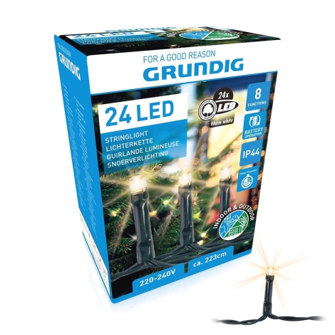 Grundig - Corrente de Natal exterior LED 24xLED/8 funções 2,23m IP44 branco quente