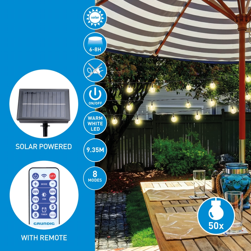 Grundig - Fio solar LED regulável 50xLED/8 funções 9,35m branco quente 1200 mAh + comando remoto