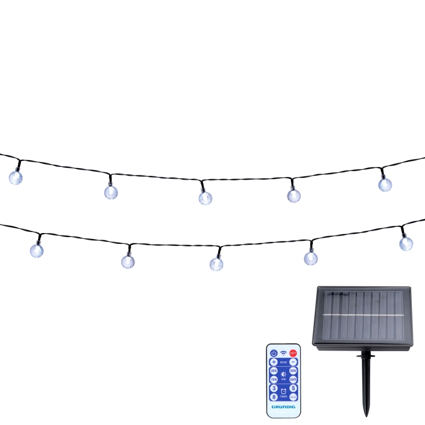 Grundig - Fio solar LED regulável 50xLED/8 funções 9,35m branco quente 1200 mAh + comando remoto