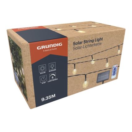 Grundig - Fio de luz solar LED regulável 50xLED/8 funções 9,35m IP44 branco quente 600 mAh + comando à distância