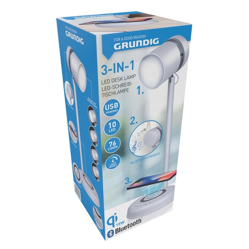 Grundig - Candeeiro de mesa LED com carregamento sem fios e altifalante 3 em 1 LED/15W/5V