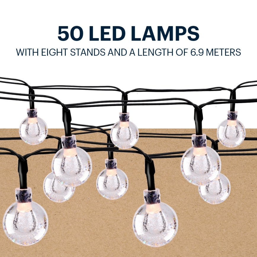 Grundig - Cordão Solar LED 50xLED/8 funções 6,9m branco quente 600 mAh