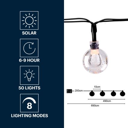 Grundig - Cordão Solar LED 50xLED/8 funções 6,9m branco quente 600 mAh