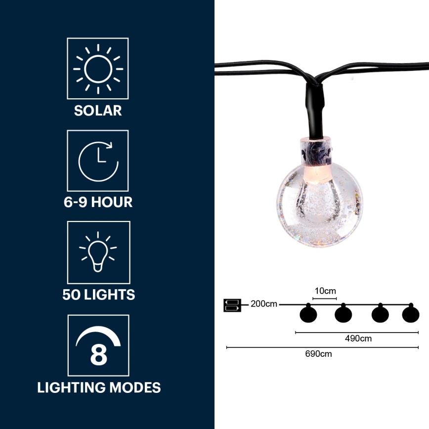 Grundig - Cordão Solar LED 50xLED/8 funções 6,9m branco quente 600 mAh