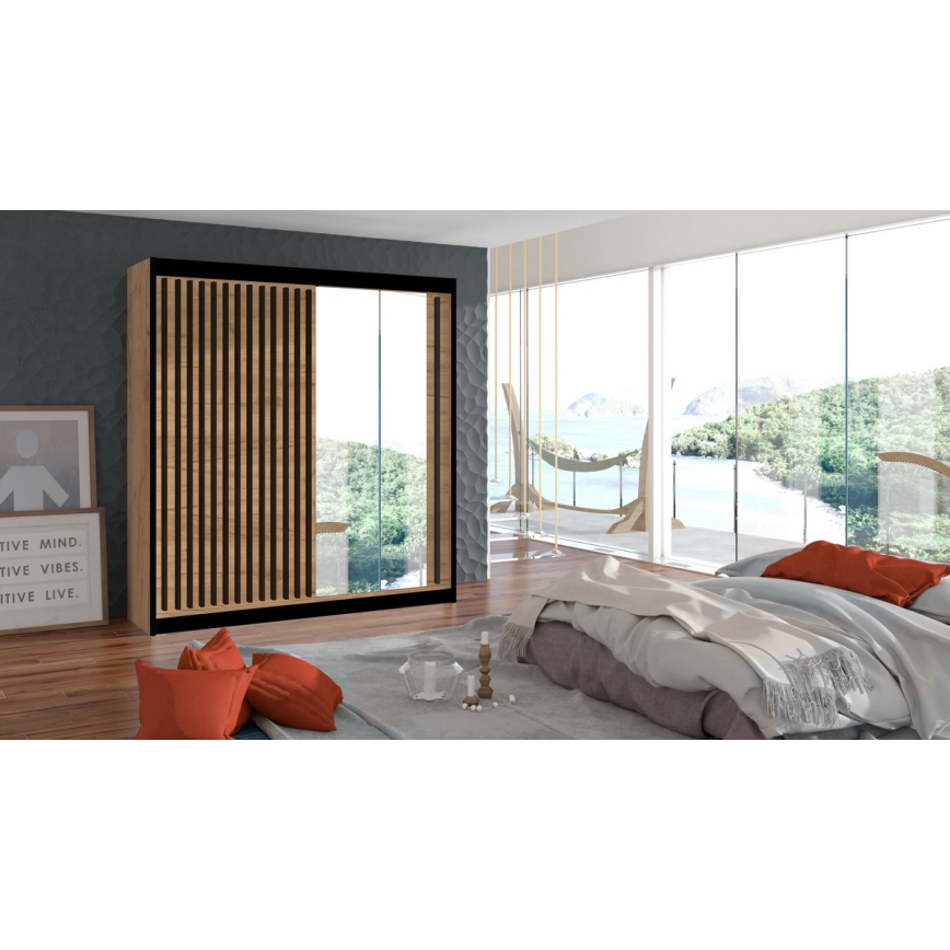 Guarda-roupa com espelho SANTINO 203x215 cm carvalho craft/preto