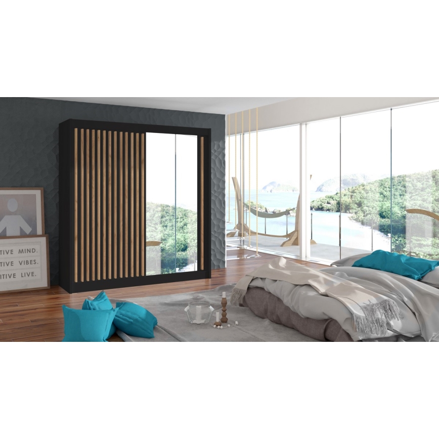 Guarda-roupa com espelho SANTINO 203x215 cm preto/carvalho craft