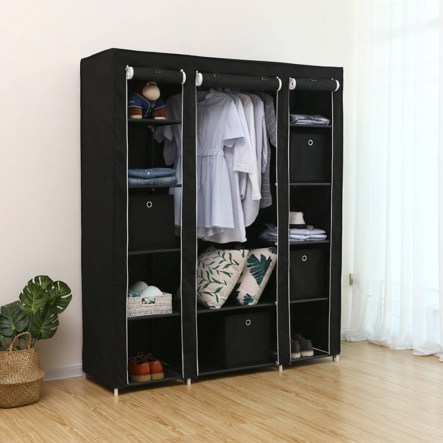 Guarda-roupa de tecido com prateleiras e barra para cabides MATIS 150x175x45 cm preto