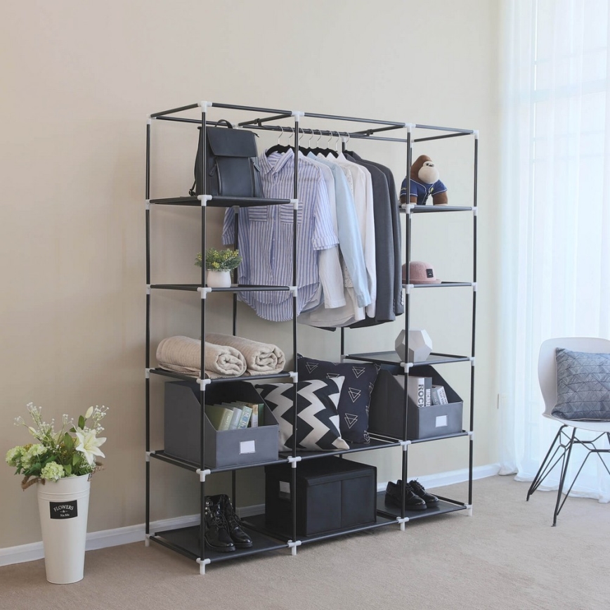 Guarda-roupa de tecido com prateleiras e barra para cabides MATIS 150x175x45 cm preto