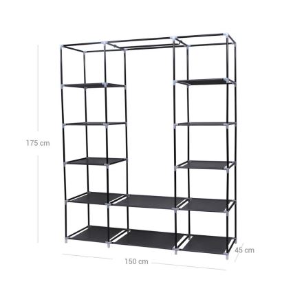 Guarda-roupa de tecido com prateleiras e barra para cabides MATIS 150x175x45 cm preto