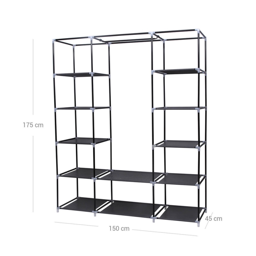 Guarda-roupa de tecido com prateleiras e barra para cabides MATIS 150x175x45 cm preto