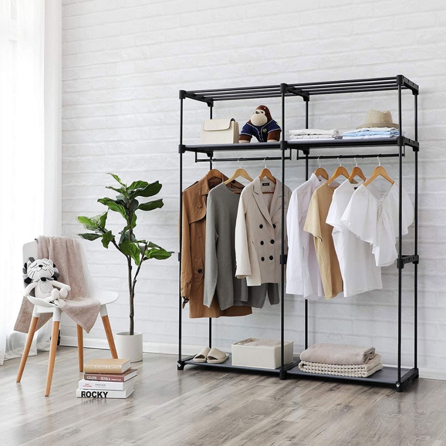 Guarda-roupa de tecido com prateleiras e varão para cabides MATIS 140x174 cm cinzento