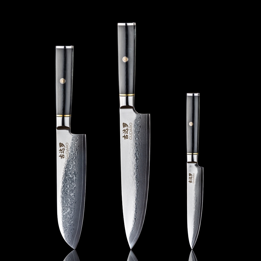 Gudaro - Conjunto com 3 facas de cozinha em aço damasco AKIRO + suporte magnético