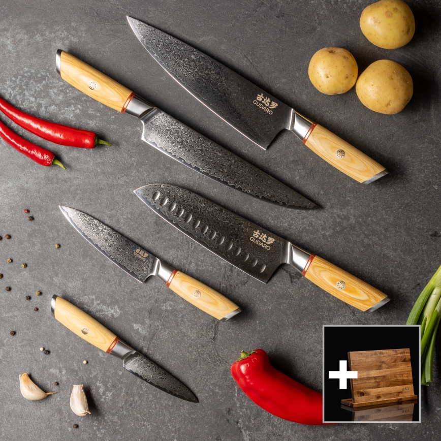 Gudaro - Conjunto de 5 facas de cozinha em aço damasco HIKARI + suporte magnético
