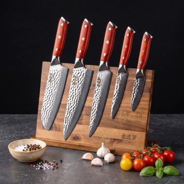 Gudaro - Conjunto de 5 facas de cozinha em aço damasco MIYABI + suporte magnético para facas