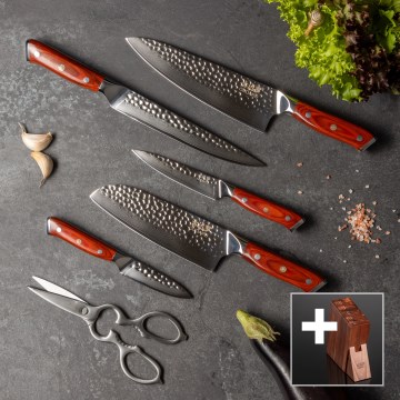 Gudaro - Conjunto de 5 facas de cozinha em aço damasco MIYABI + suporte para facas e tesouras para aves