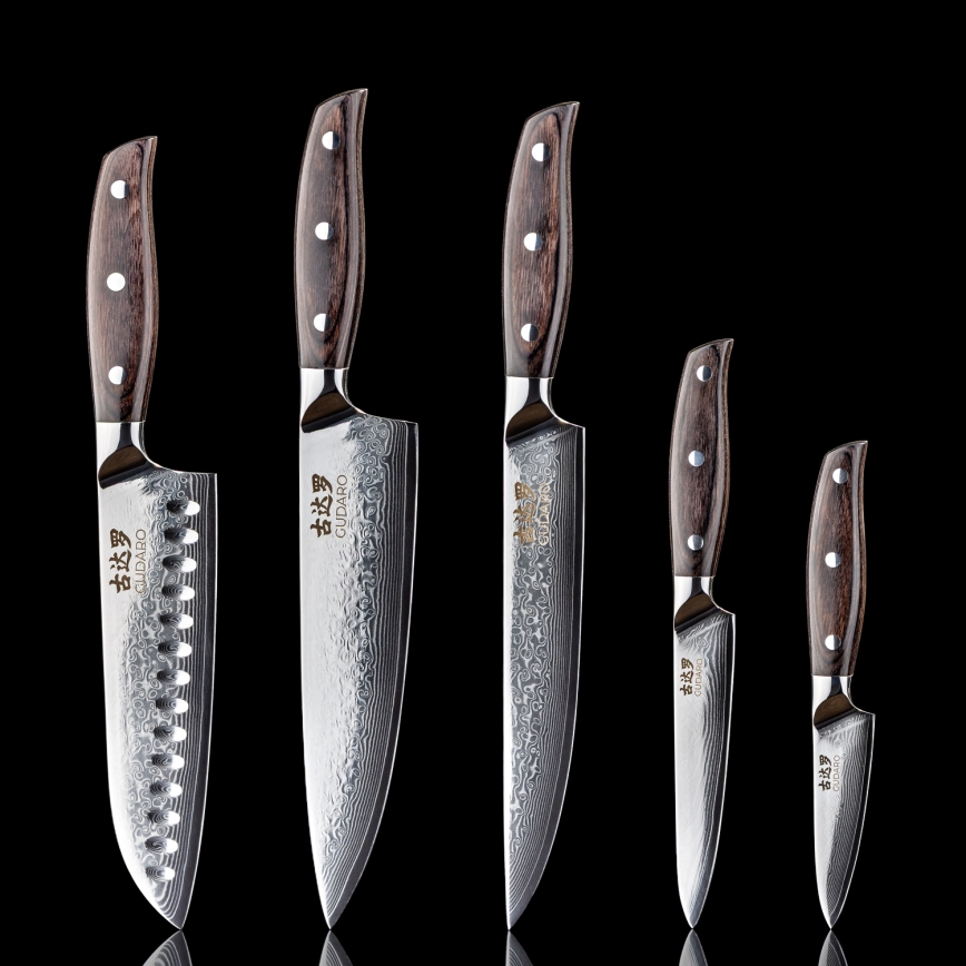 Gudaro - Conjunto de 5 facas de cozinha em aço damasco SHIRO + suporte magnético