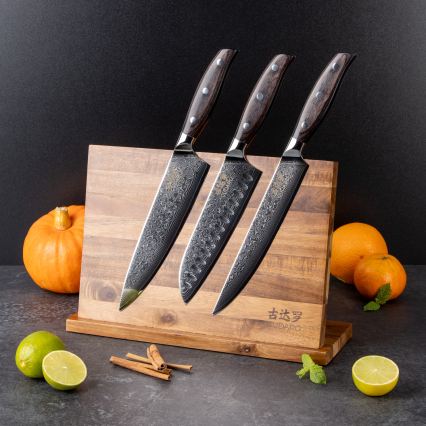 Gudaro - Conjunto de 5 facas de cozinha em aço damasco SHIRO + suporte magnético