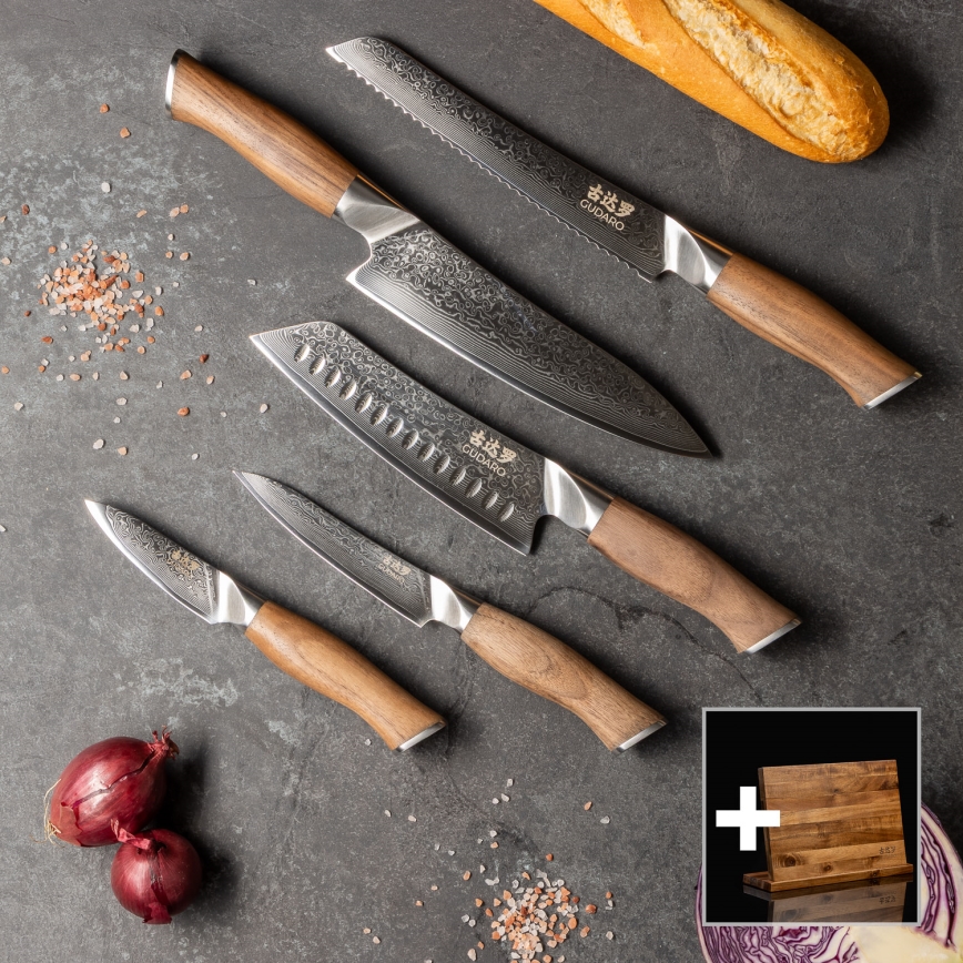 Gudaro - Conjunto de 5 facas de cozinha em aço Damasco TAKUMI + suporte magnético