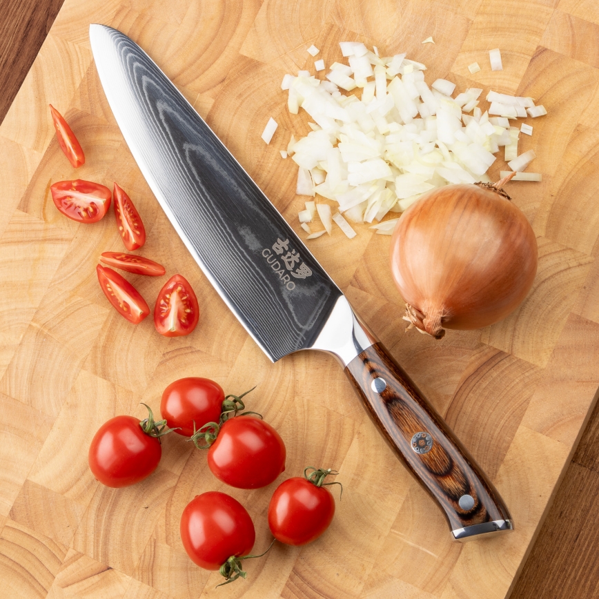 Gudaro - CONJUNTO 1x Faca de chef em damasco FENG 8, 67 camadas de aço, comprimento 20 cm + 1x faca santoku em damasco FENG 7,5, 67 camadas de aço, comprimento 18 cm + 1x GRÁTIS faca para frutas em damasco FENG 3,5, 67 camadas de aço, comprimento 