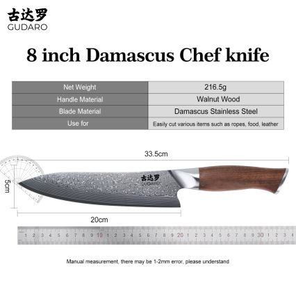 Gudaro - Faca de chef em aço damasco TAKUMI 8, 67 camadas de aço, comprimento 20 cm, cabo em nogueira
