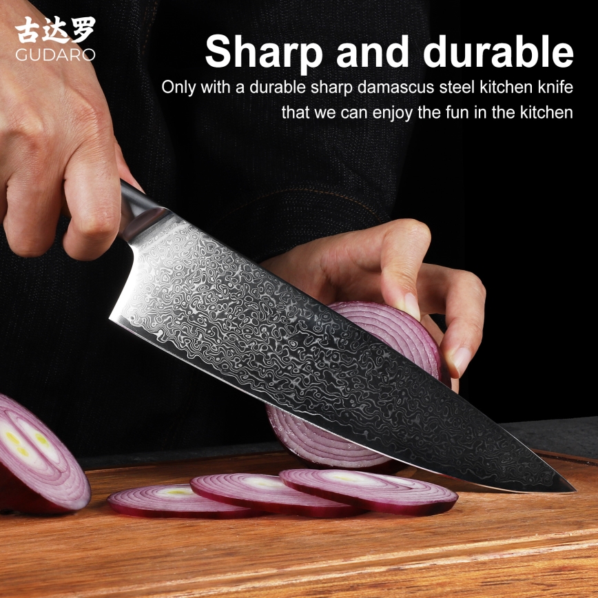 Gudaro - Faca de chef HIKARI em aço Damasco 8, 67 camadas, comprimento 20 cm