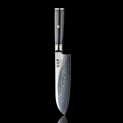 Gudaro - Faca Santoku AKIRO 7, em aço damasco de 67 camadas, comprimento 17,5 cm, preta