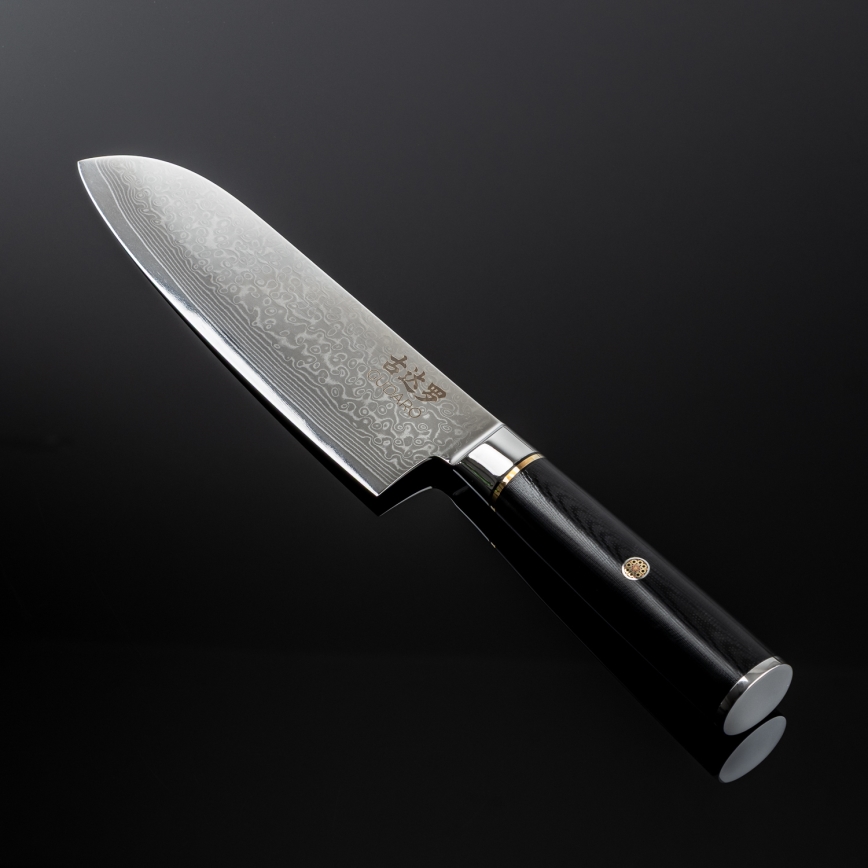 Gudaro - Faca Santoku AKIRO 7, em aço damasco de 67 camadas, comprimento 17,5 cm, preta