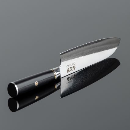 Gudaro - Faca Santoku AKIRO 7, em aço damasco de 67 camadas, comprimento 17,5 cm, preta