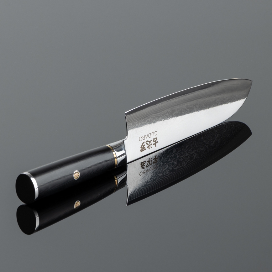 Gudaro - Faca Santoku AKIRO 7, em aço damasco de 67 camadas, comprimento 17,5 cm, preta