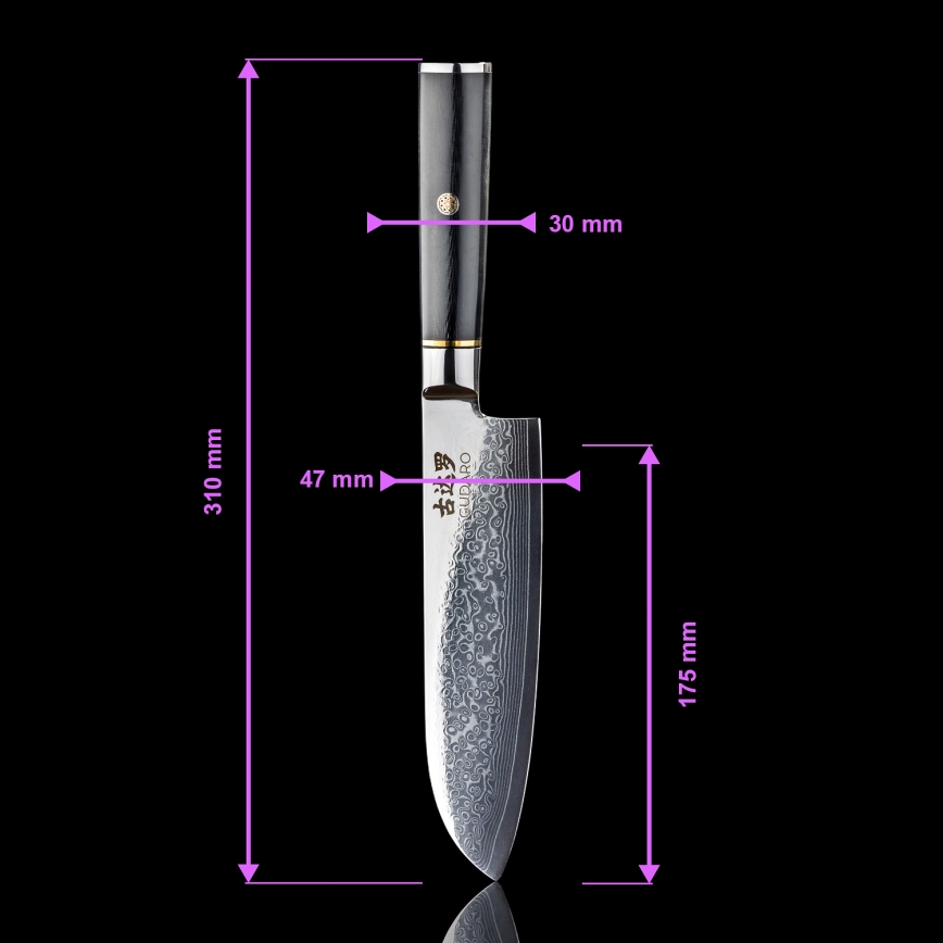 Gudaro - Faca Santoku AKIRO 7, em aço damasco de 67 camadas, comprimento 17,5 cm, preta