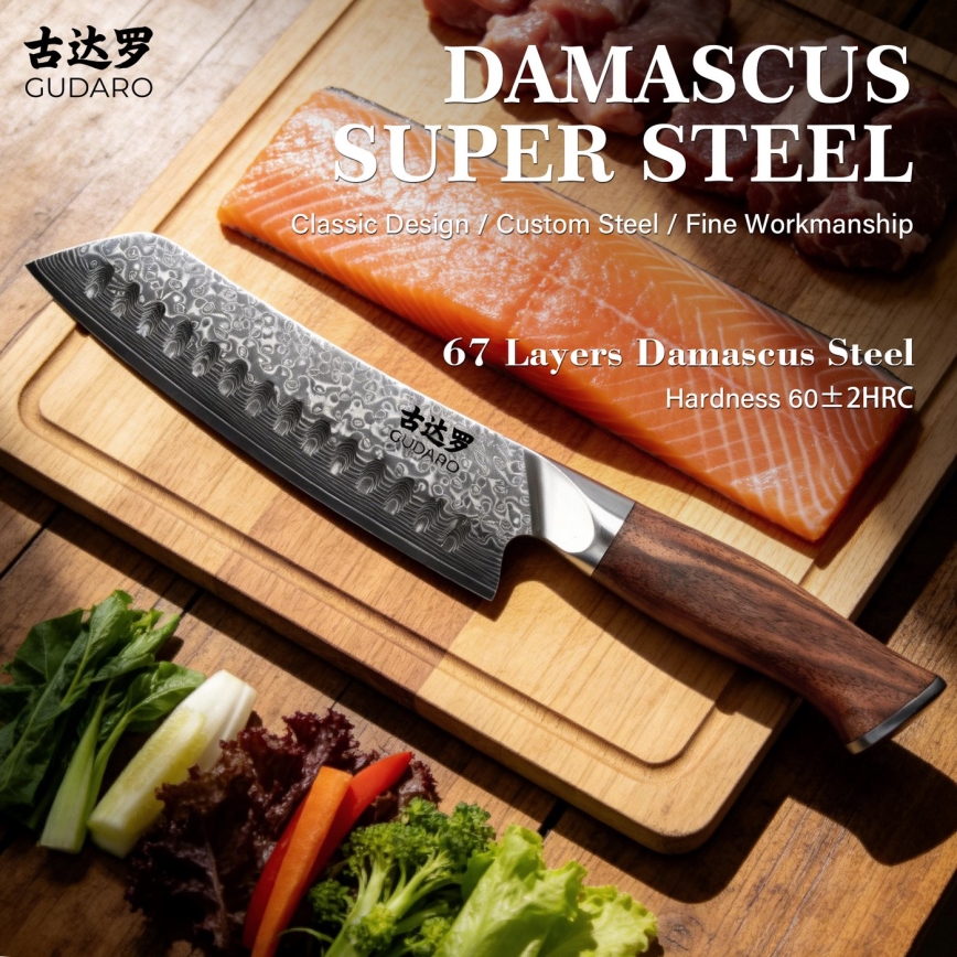 Gudaro - Faca de cozinha Santoku TAKUMI em aço damasco 7, 67 camadas, comprimento 17,5 cm, cabo em nogueira
