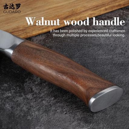 Gudaro - Faca de cozinha Santoku TAKUMI em aço damasco 7, 67 camadas, comprimento 17,5 cm, cabo em nogueira